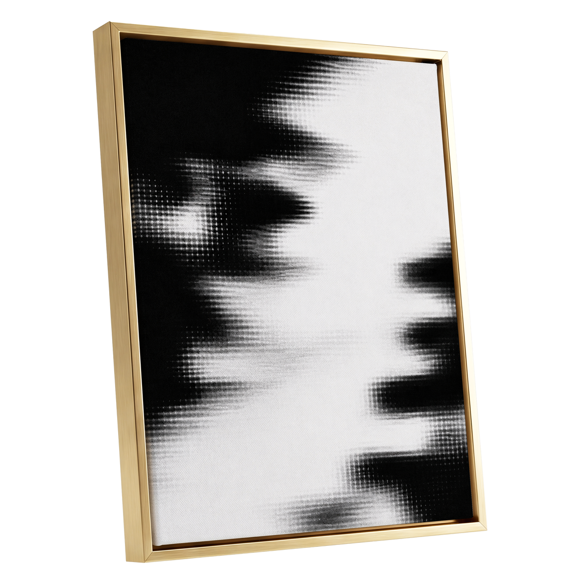Monochrome Interference, black, white, gray abstract wall art shown as a gold framed canvas wall art