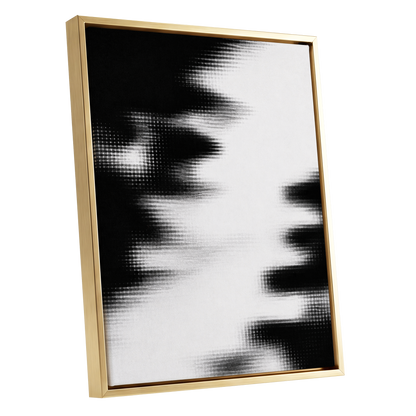 Monochrome Interference, black, white, gray abstract wall art shown as a gold framed canvas wall art