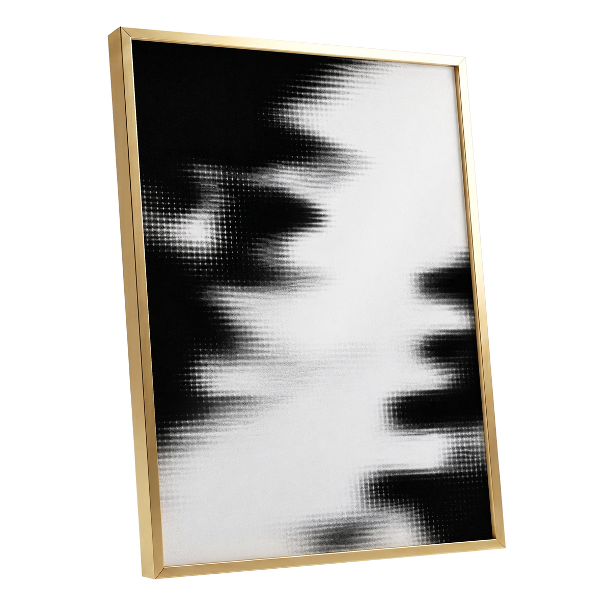 Monochrome Interference, black, white, gray abstract wall art shown as a gold framed poster wall art print