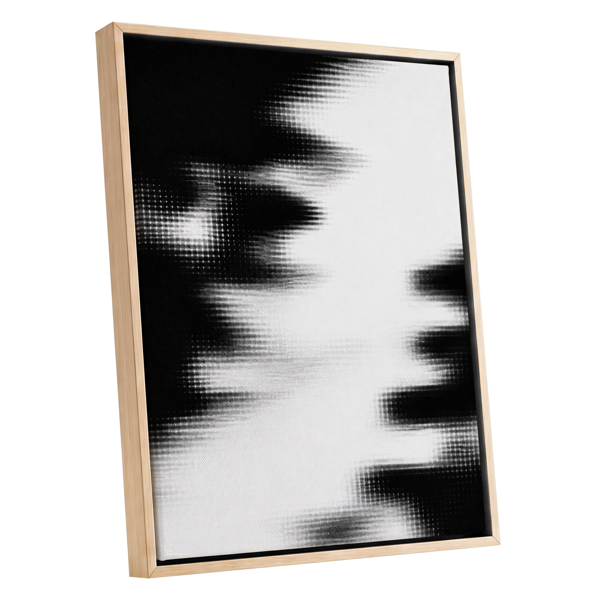 Monochrome Interference, black, white, gray abstract wall art shown as a oak framed canvas wall art