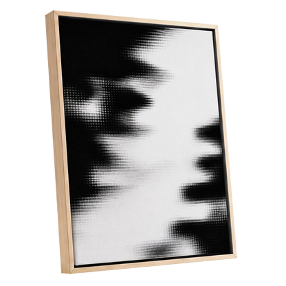 Monochrome Interference, black, white, gray abstract wall art shown as a oak framed canvas wall art