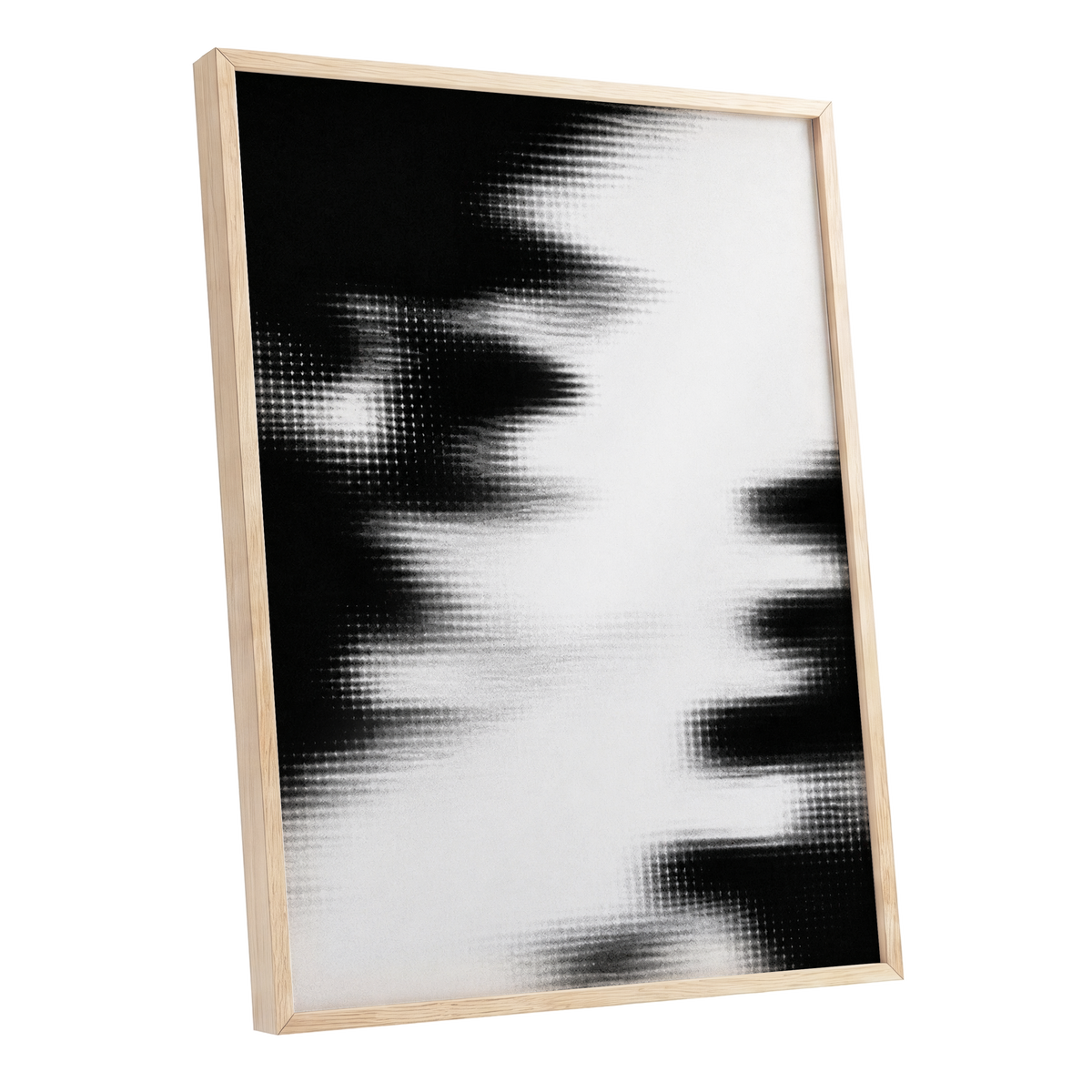 Monochrome Interference, black, white, gray abstract wall art shown as a oak framed poster wall art print
