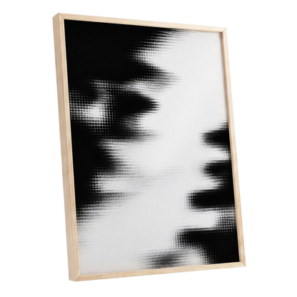 Monochrome Interference, black, white, gray abstract wall art shown as a oak framed poster wall art print
