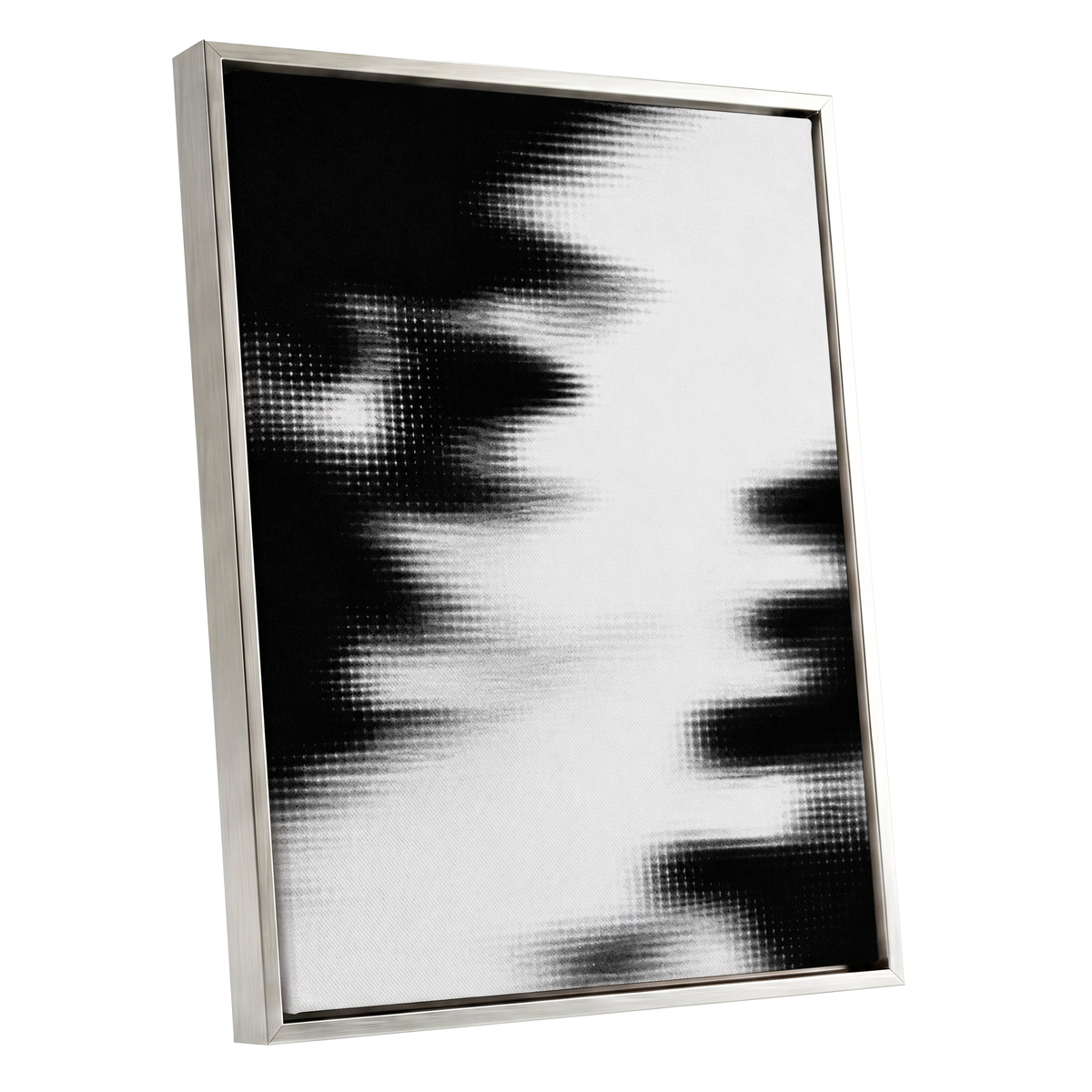 Monochrome Interference, black, white, gray abstract wall art shown as a silver framed canvas wall art