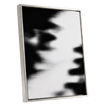 Monochrome Interference, black, white, gray abstract wall art shown as a silver framed canvas wall art