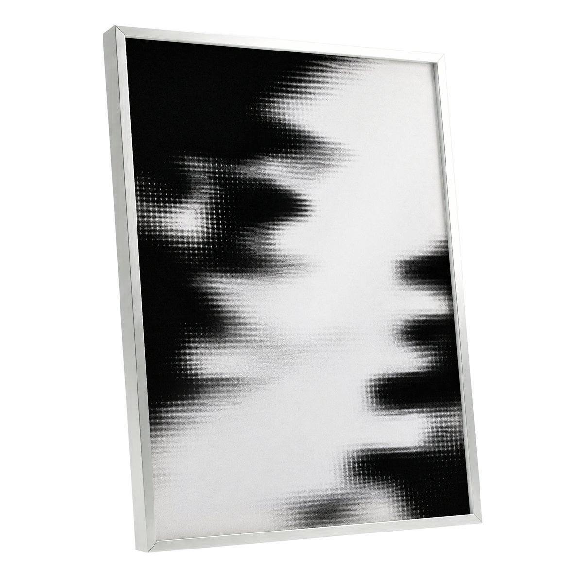 Monochrome Interference, black, white, gray abstract wall art shown as a silver framed poster wall art print