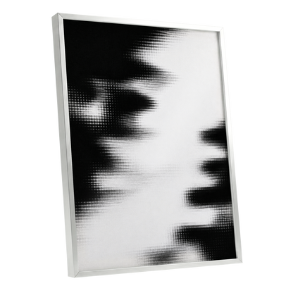 Monochrome Interference, black, white, gray abstract wall art shown as a silver framed poster wall art print