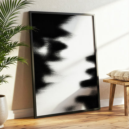 Monochrome Interference, black, white, gray abstract wall art displayed in a styled interior, gallery view 2