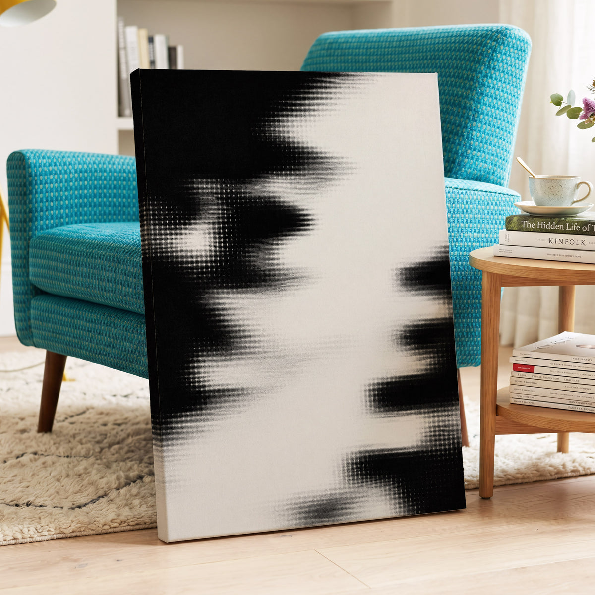 Monochrome Interference, black, white, gray abstract wall art displayed in a styled interior, gallery view 3