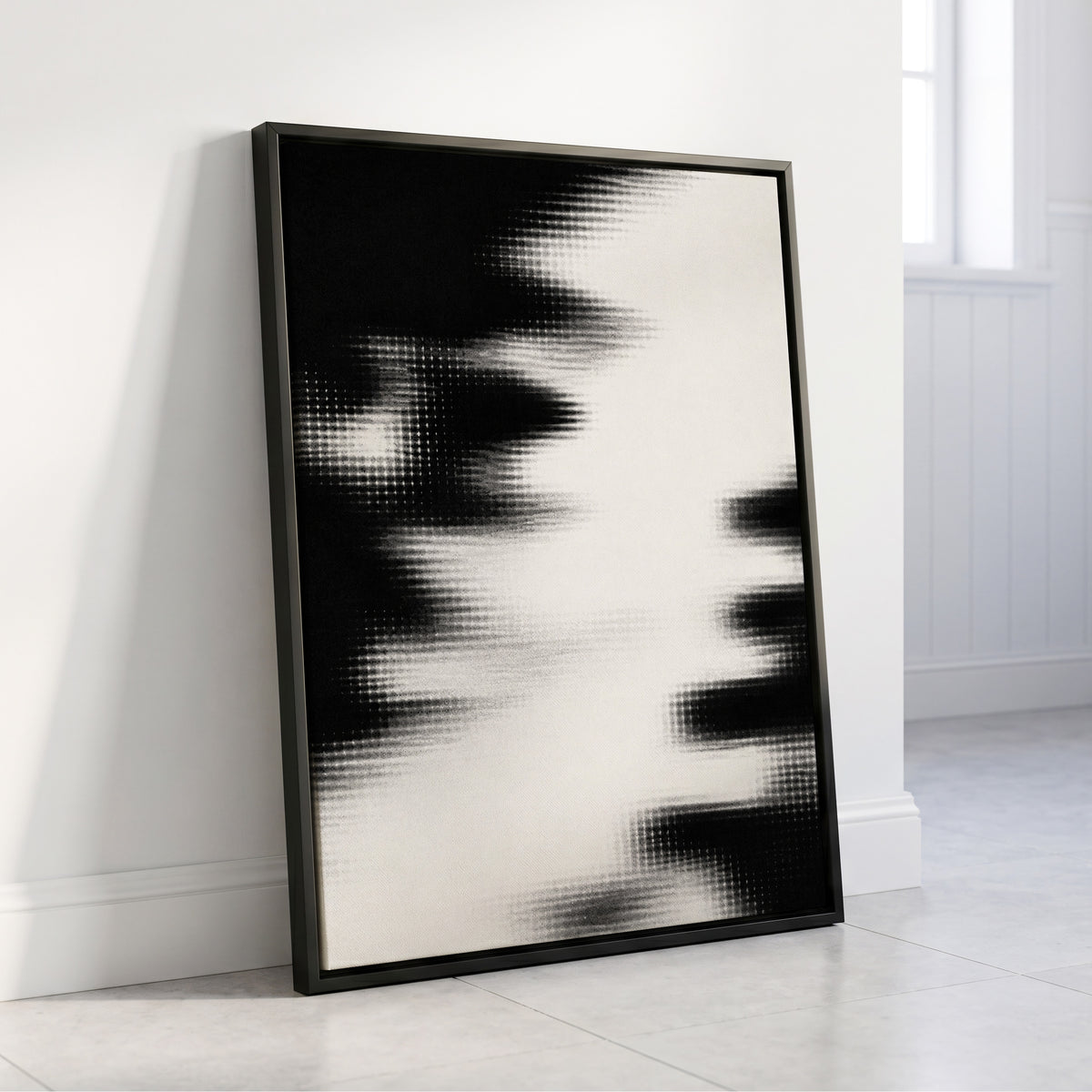 Monochrome Interference, black, white, gray abstract wall art displayed in a styled interior, gallery view 4