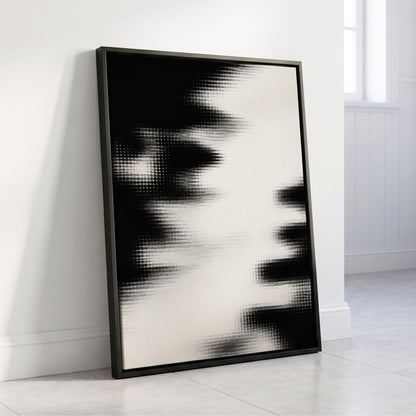 Monochrome Interference, black, white, gray abstract wall art displayed in a styled interior, gallery view 4