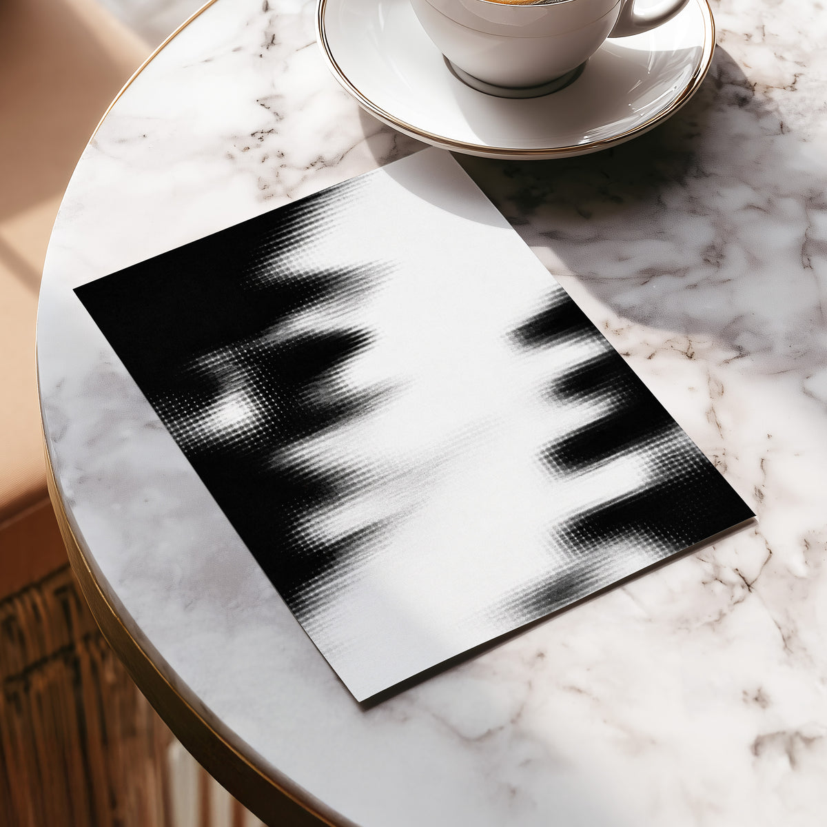 Monochrome Interference, black, white, gray abstract wall art displayed in a styled interior, gallery view 5