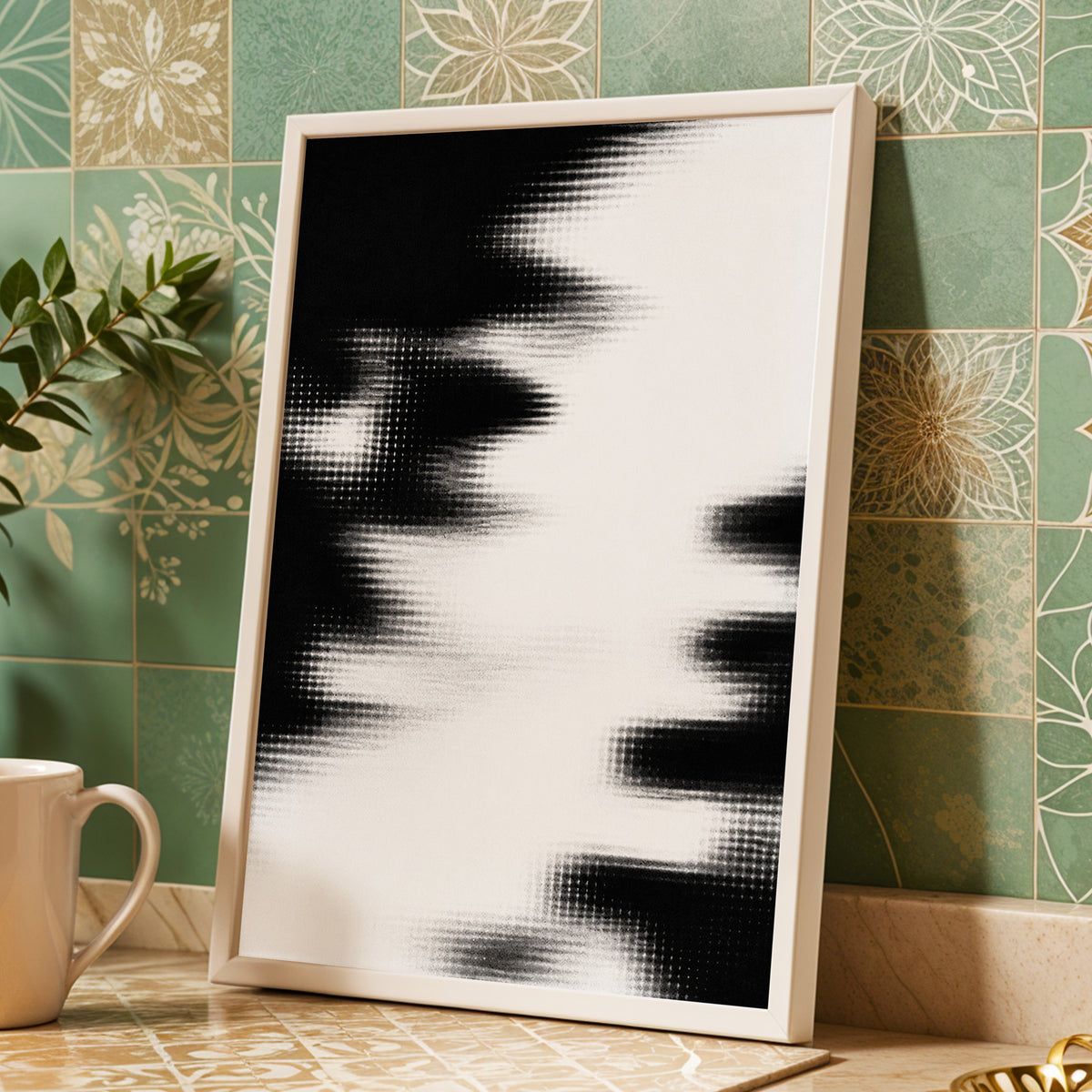 Monochrome Interference, black, white, gray abstract wall art displayed in a styled interior, gallery view 6