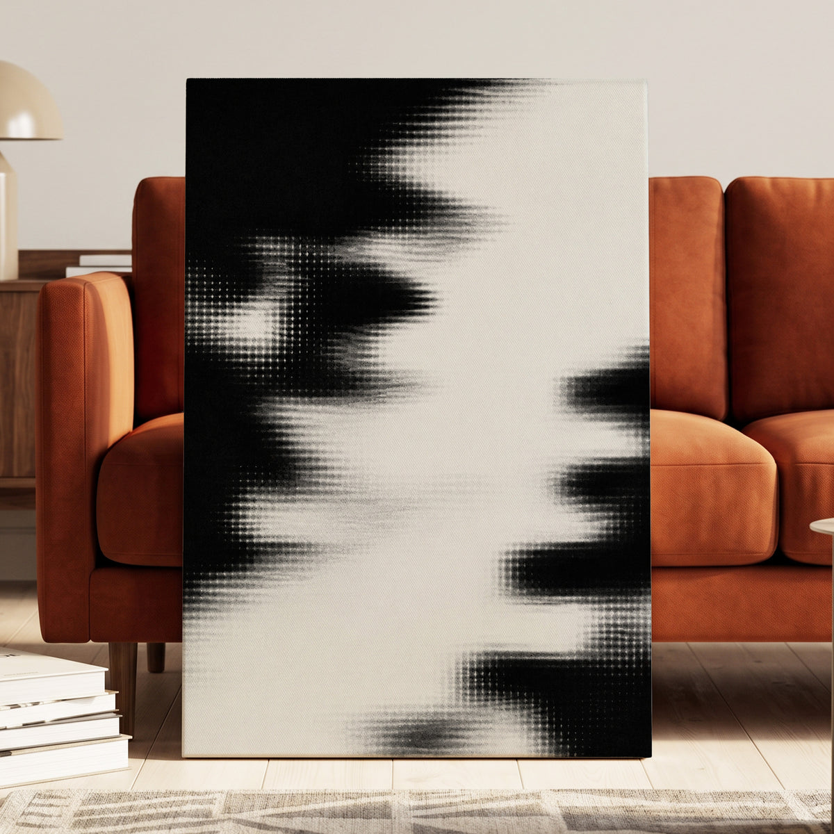Monochrome Interference, black, white, gray abstract wall art displayed in a styled interior, gallery view 7