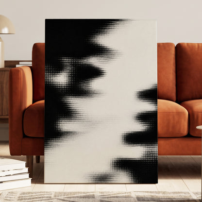 Monochrome Interference, black, white, gray abstract wall art displayed in a styled interior, gallery view 7