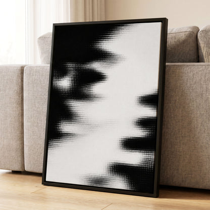 Monochrome Interference, black, white, gray abstract wall art displayed in a styled interior, gallery view 8