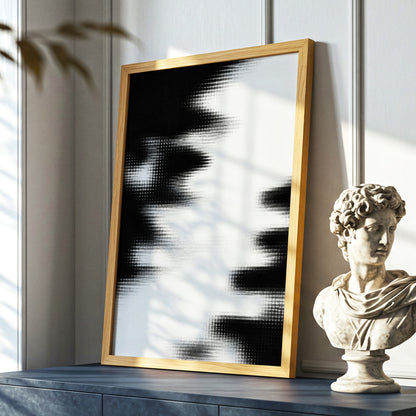 Monochrome Interference, black, white, gray abstract wall art displayed in a styled interior, gallery view 9