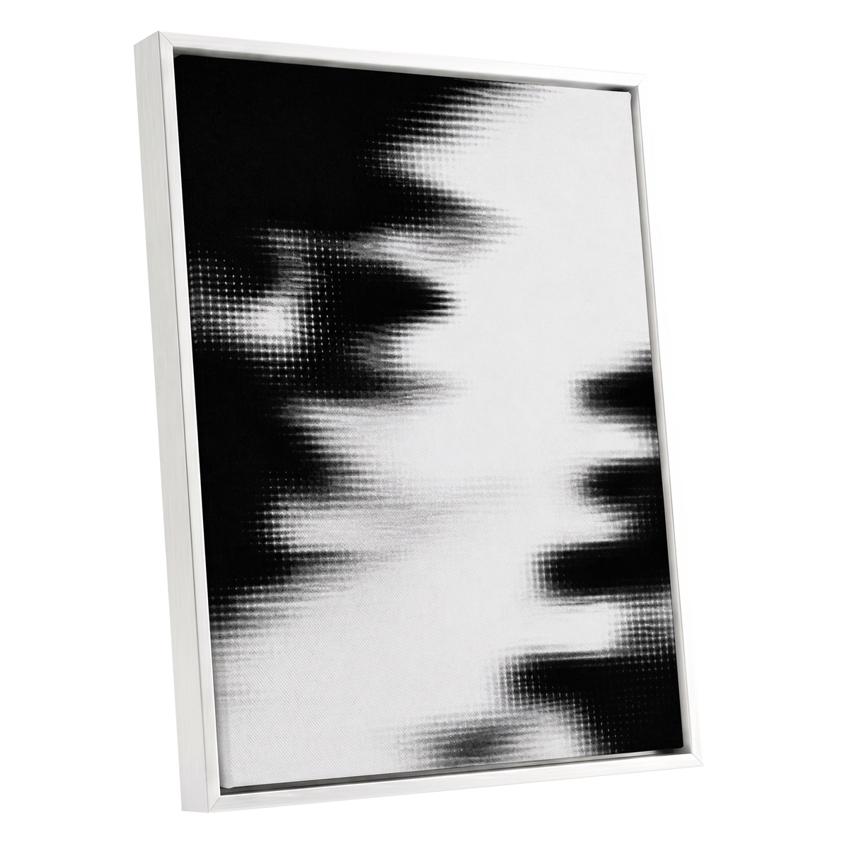 Monochrome Interference, black, white, gray abstract wall art shown as a white framed canvas wall art