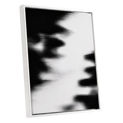 Monochrome Interference, black, white, gray abstract wall art shown as a white framed canvas wall art