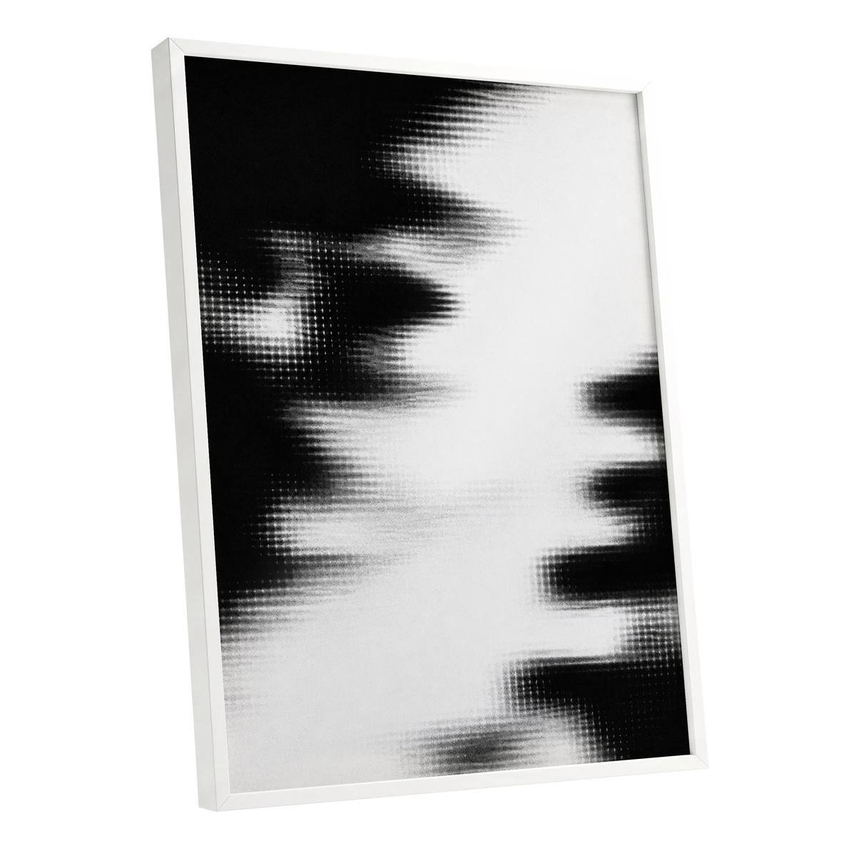 Monochrome Interference, black, white, gray abstract wall art shown as a white framed poster wall art print