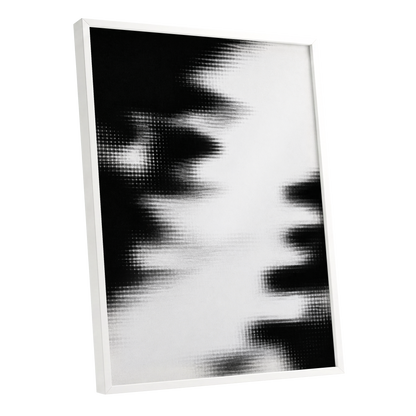 Monochrome Interference, black, white, gray abstract wall art shown as a white framed poster wall art print