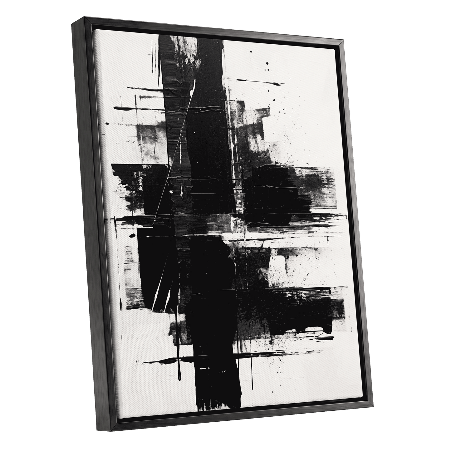 Monochrome Intersections, black, white, gray abstract wall art shown as a black framed canvas wall art