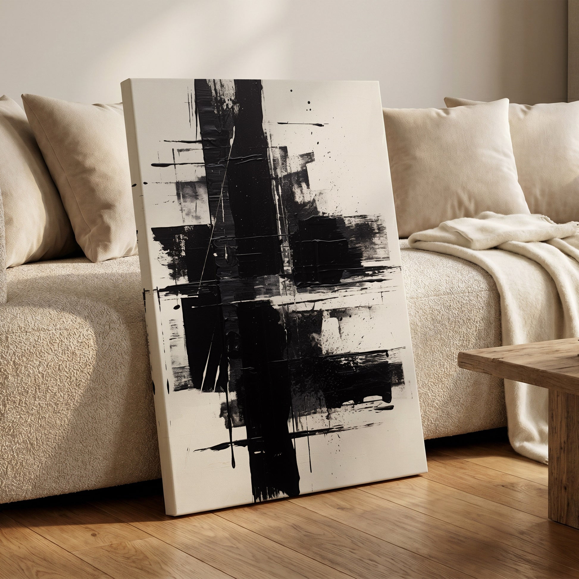 Monochrome Intersections, black, white, gray abstract wall art on canvas displayed in a styled interior, gallery view 1