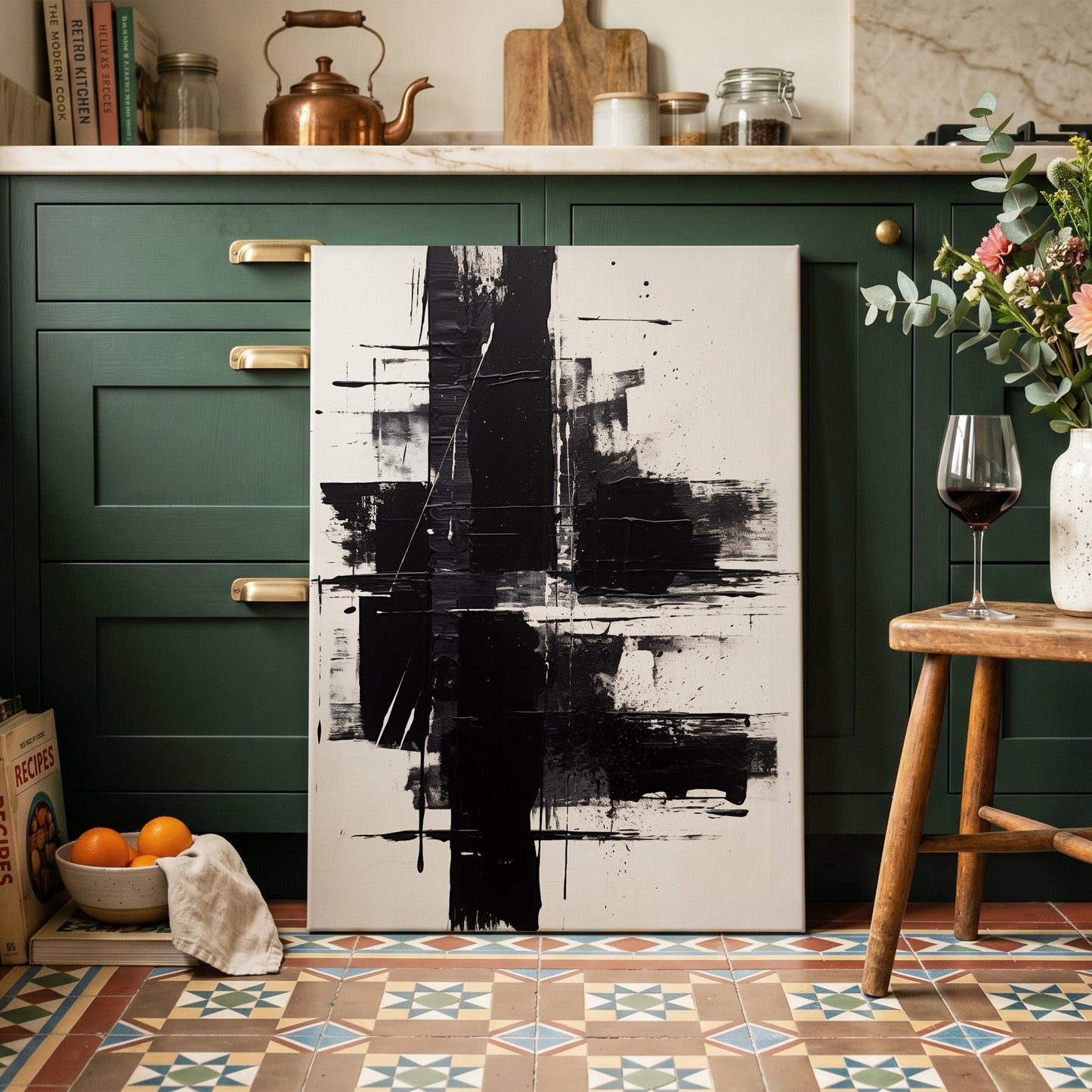 Monochrome Intersections, black, white, gray abstract wall art on canvas displayed in a styled interior, gallery view 2