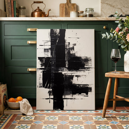 Monochrome Intersections, black, white, gray abstract wall art on canvas displayed in a styled interior, gallery view 2