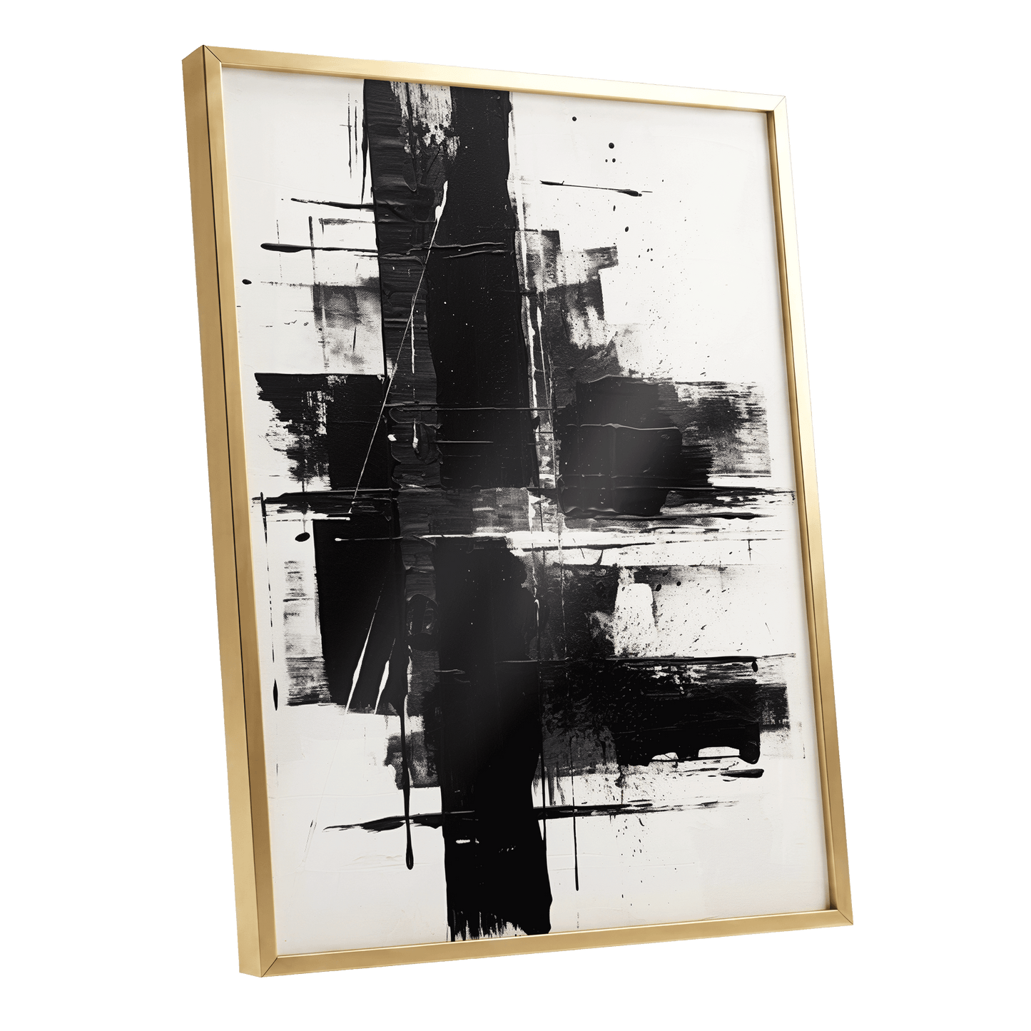 Monochrome Intersections, black, white, gray abstract wall art shown as a gold framed poster wall art print