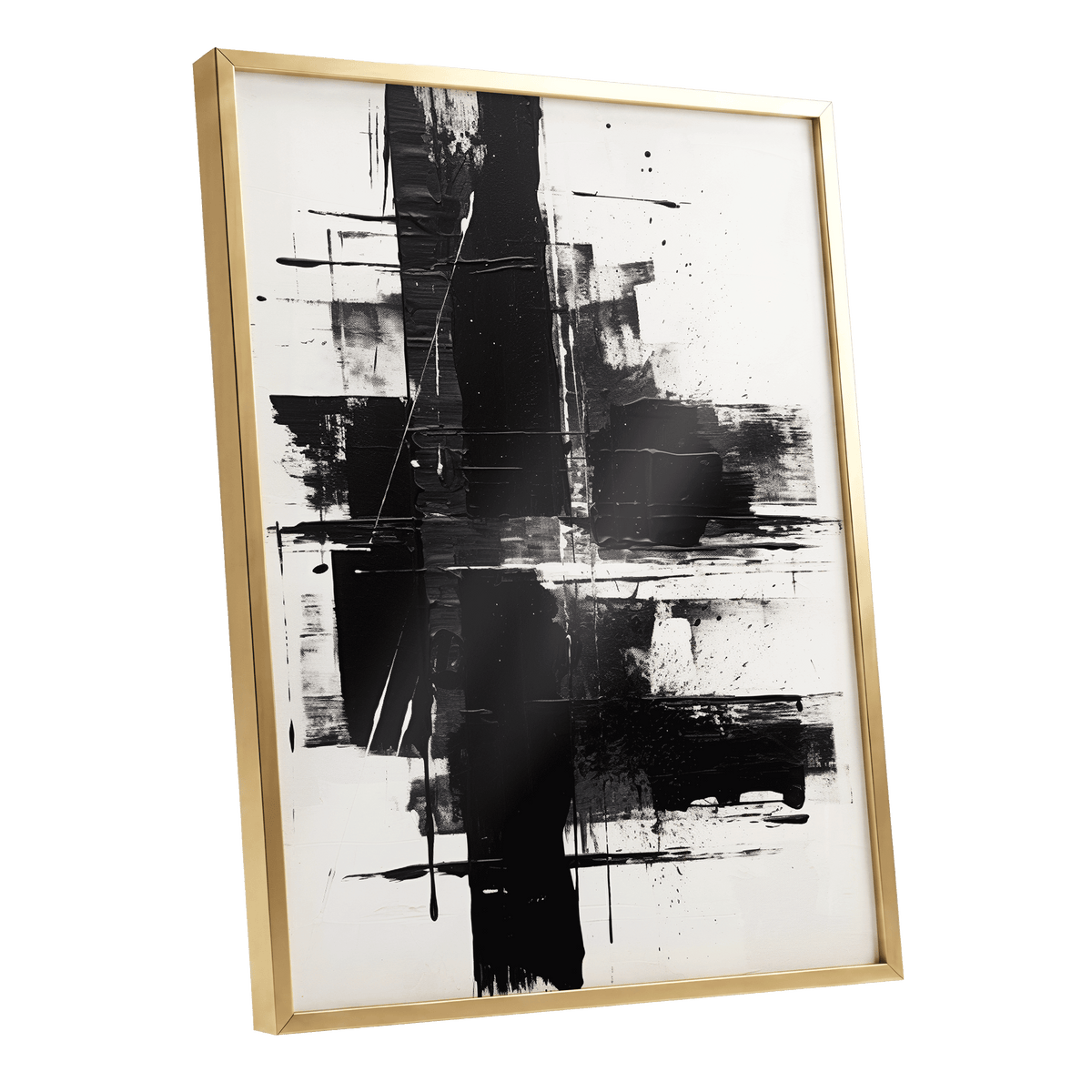 Monochrome Intersections, black, white, gray abstract wall art shown as a gold framed poster wall art print