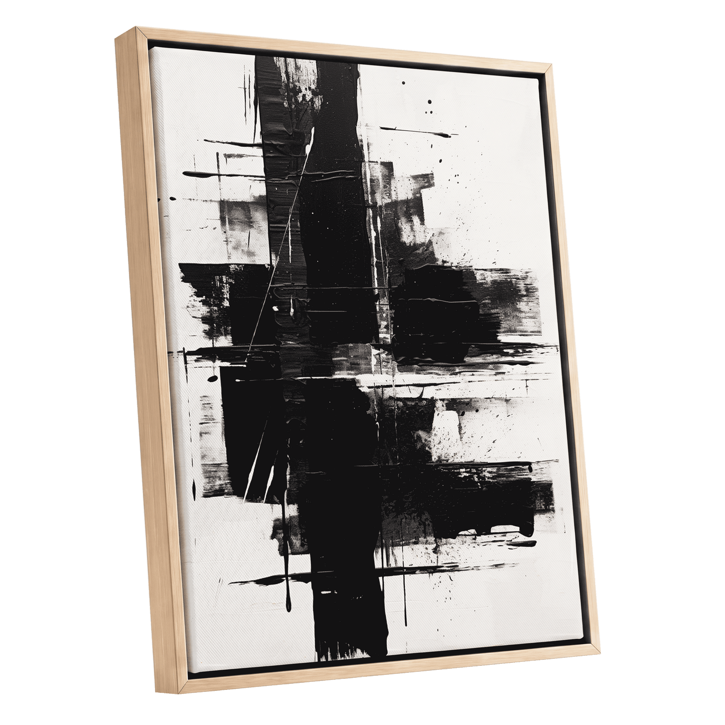 Monochrome Intersections, black, white, gray abstract wall art shown as a oak framed canvas wall art