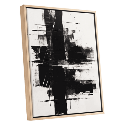 Monochrome Intersections, black, white, gray abstract wall art shown as a oak framed canvas wall art