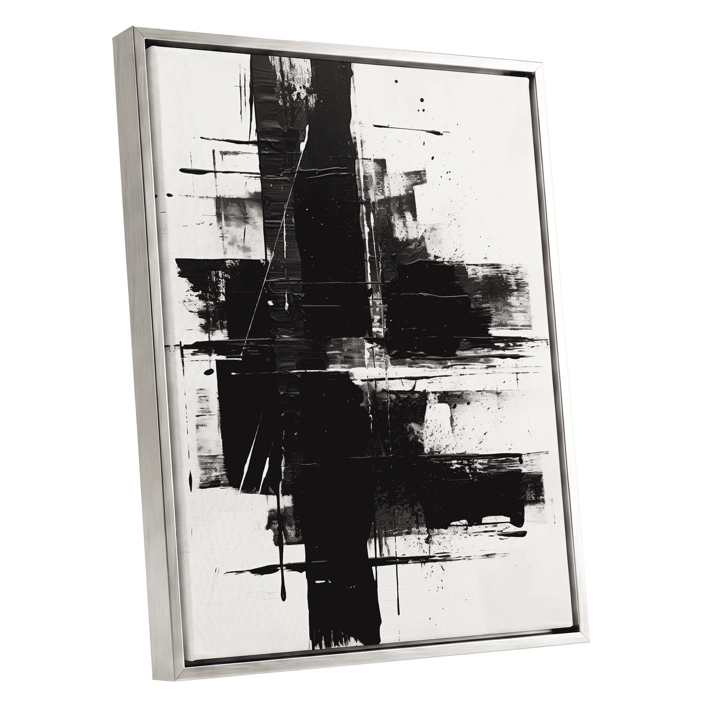 Monochrome Intersections, black, white, gray abstract wall art shown as a silver framed canvas wall art