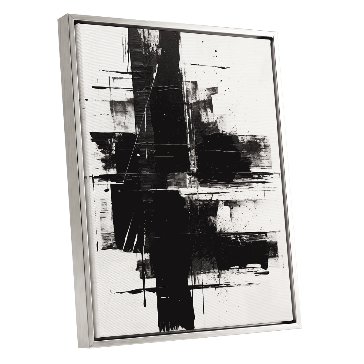 Monochrome Intersections, black, white, gray abstract wall art shown as a silver framed canvas wall art