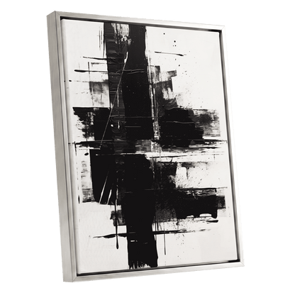 Monochrome Intersections, black, white, gray abstract wall art shown as a silver framed canvas wall art
