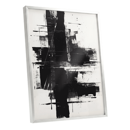Monochrome Intersections, black, white, gray abstract wall art shown as a silver framed poster wall art print