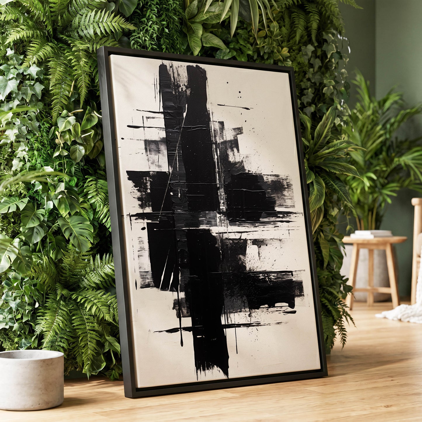 Monochrome Intersections, black, white, gray abstract wall art displayed in a styled interior, gallery view 1
