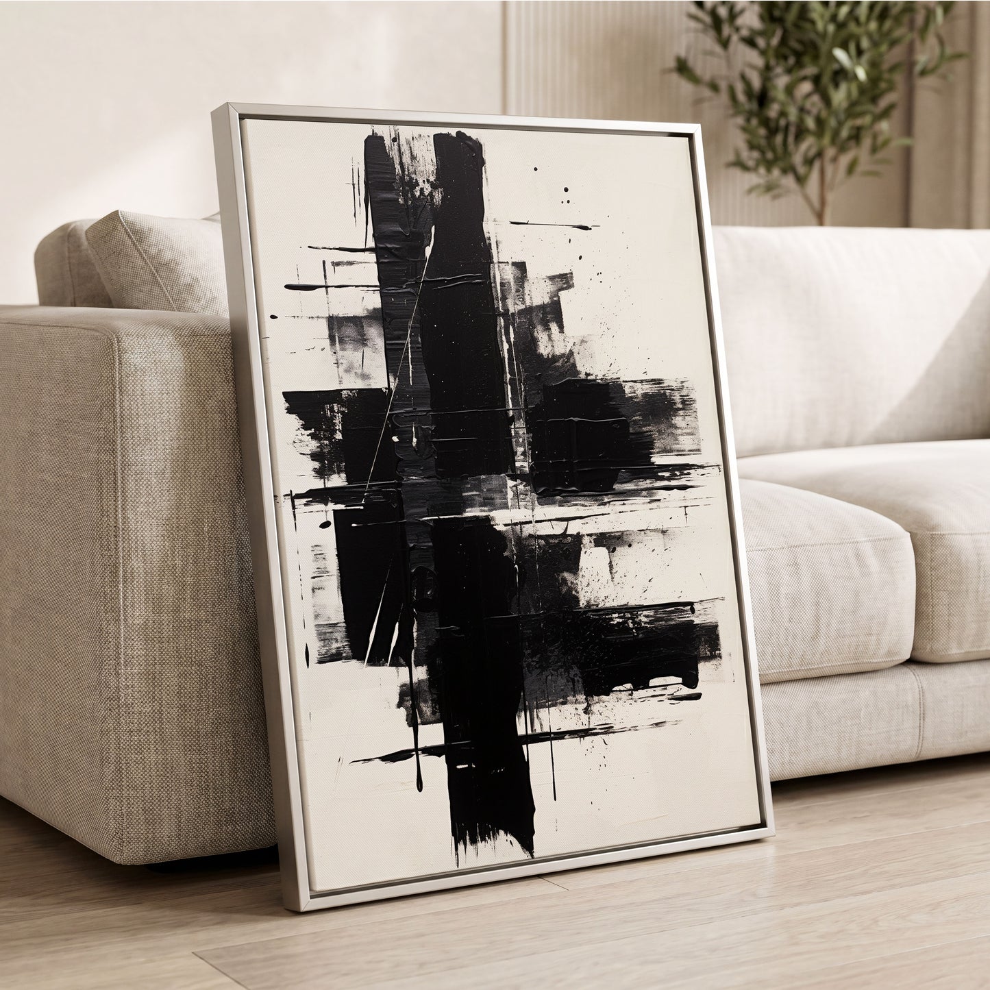 Monochrome Intersections, black, white, gray abstract wall art displayed in a styled interior, gallery view 2