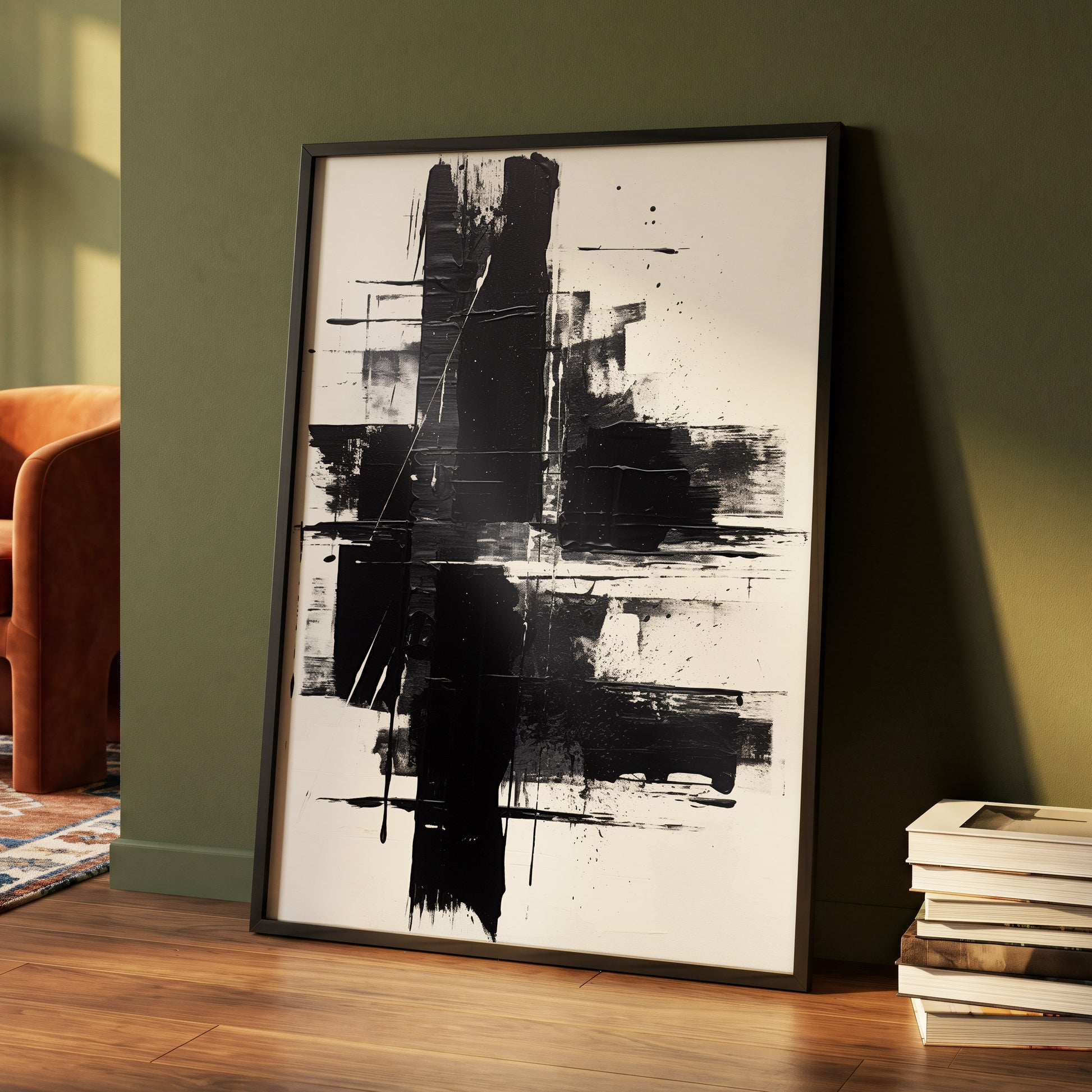 Monochrome Intersections, black, white, gray abstract wall art displayed in a styled interior, gallery view 4