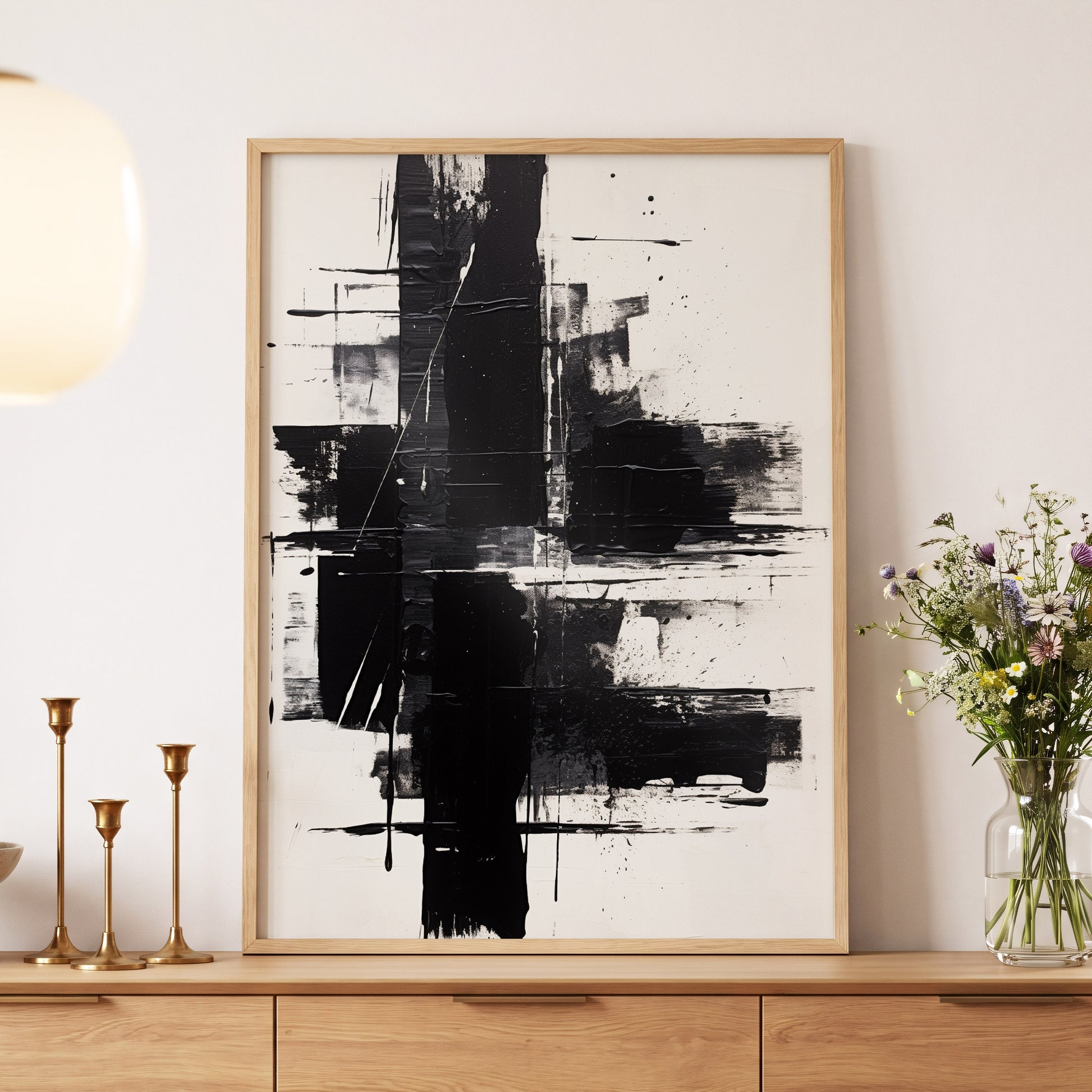 Monochrome Intersections, black, white, gray abstract wall art displayed in a styled interior, gallery view 5