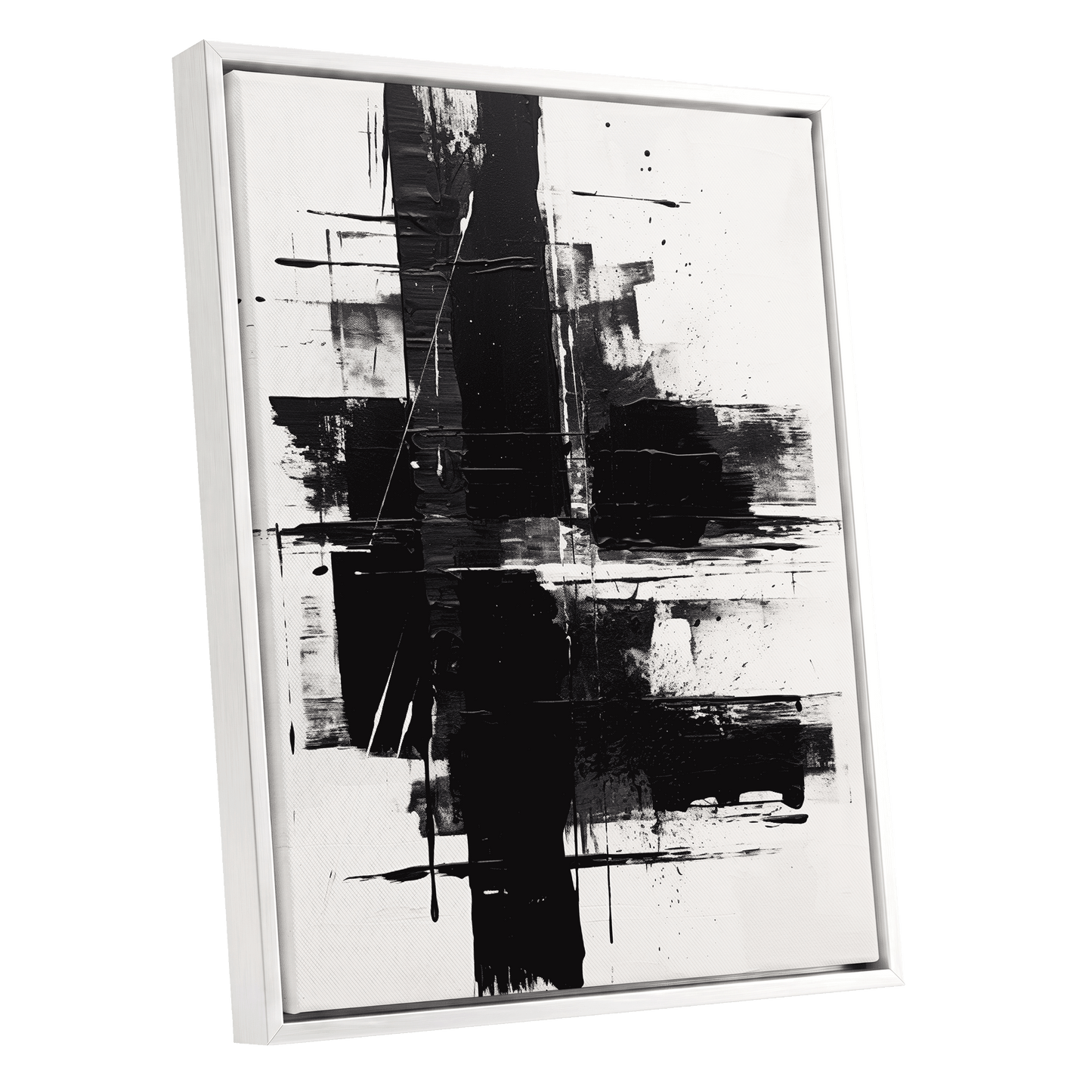 Monochrome Intersections, black, white, gray abstract wall art shown as a white framed canvas wall art