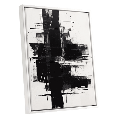 Monochrome Intersections, black, white, gray abstract wall art shown as a white framed canvas wall art