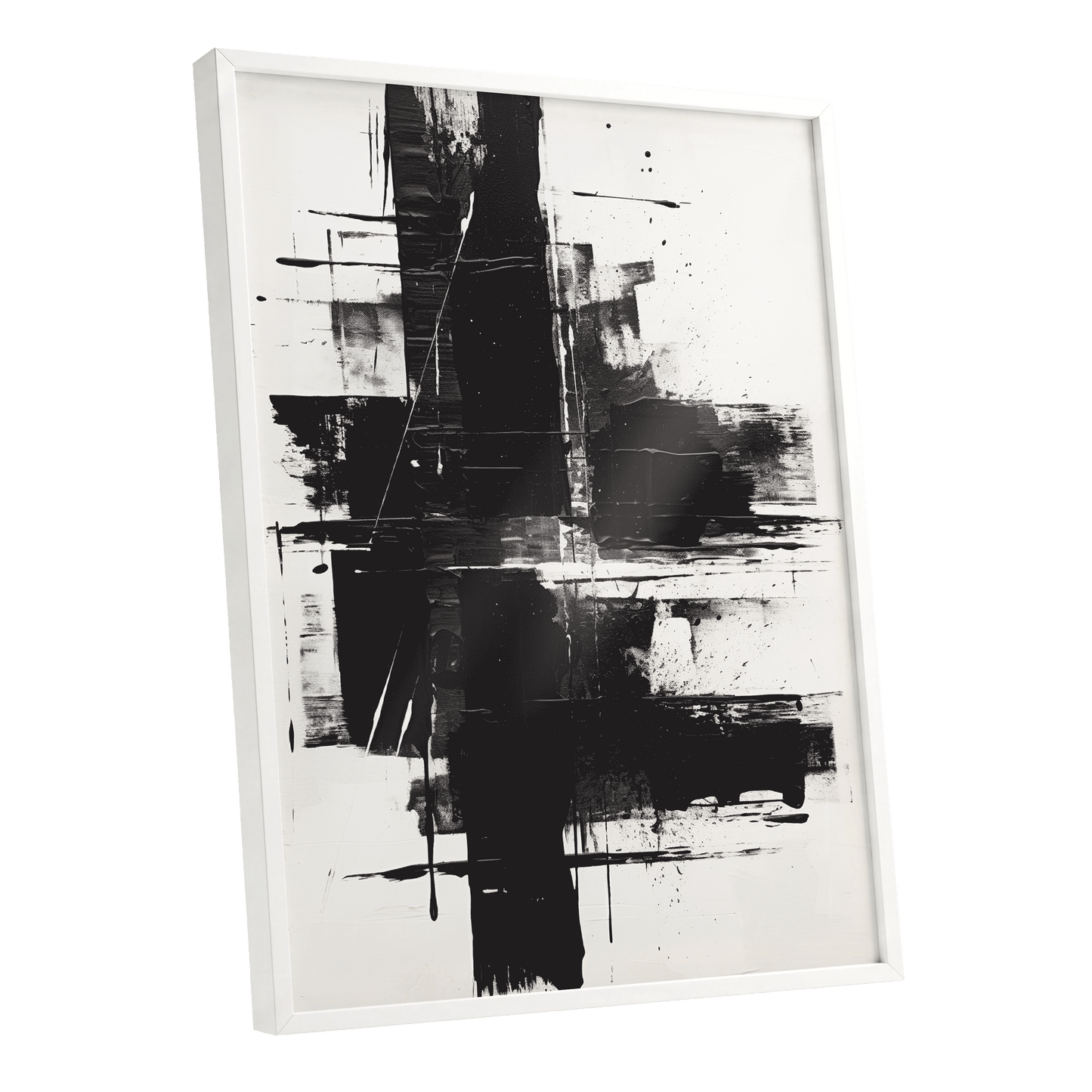 Monochrome Intersections, black, white, gray abstract wall art shown as a white framed poster wall art print