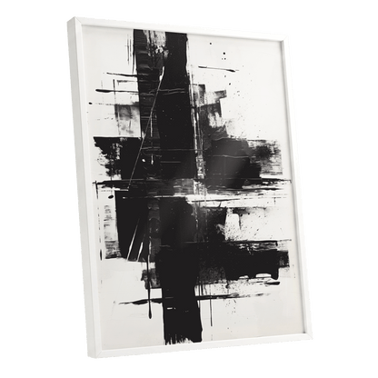 Monochrome Intersections, black, white, gray abstract wall art shown as a white framed poster wall art print
