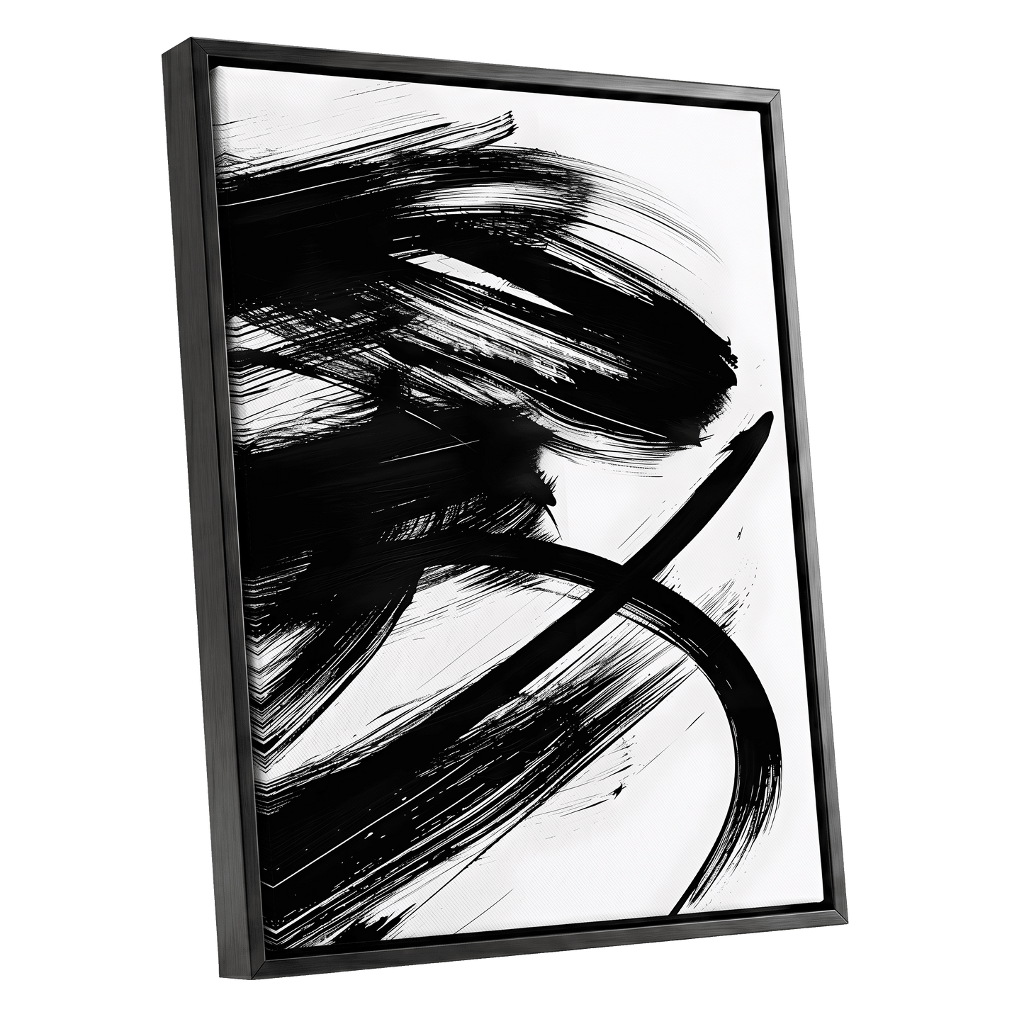 Monochrome Momentum, black, white abstract wall art shown as a black framed canvas wall art