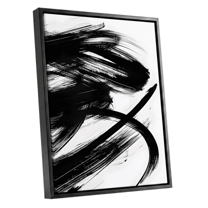 Monochrome Momentum, black, white abstract wall art shown as a black framed canvas wall art