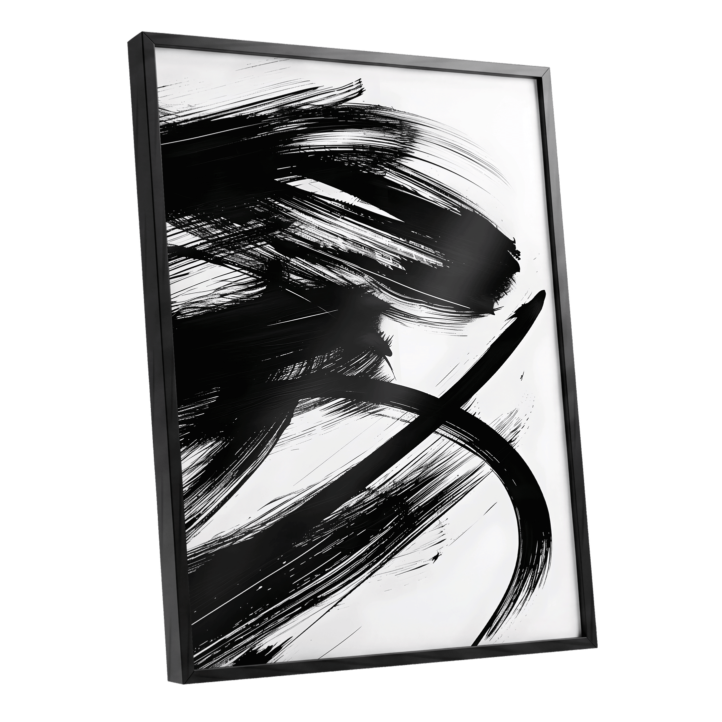 Monochrome Momentum, black, white abstract wall art shown as a black framed poster wall art print