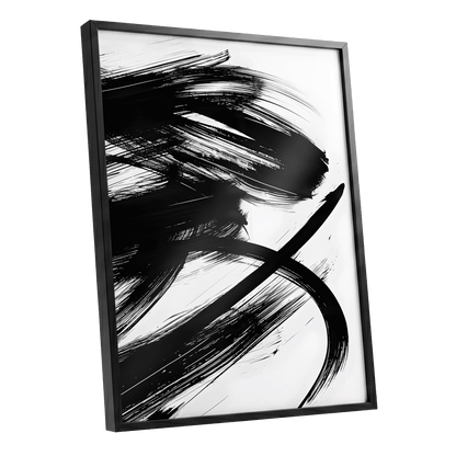 Monochrome Momentum, black, white abstract wall art shown as a black framed poster wall art print