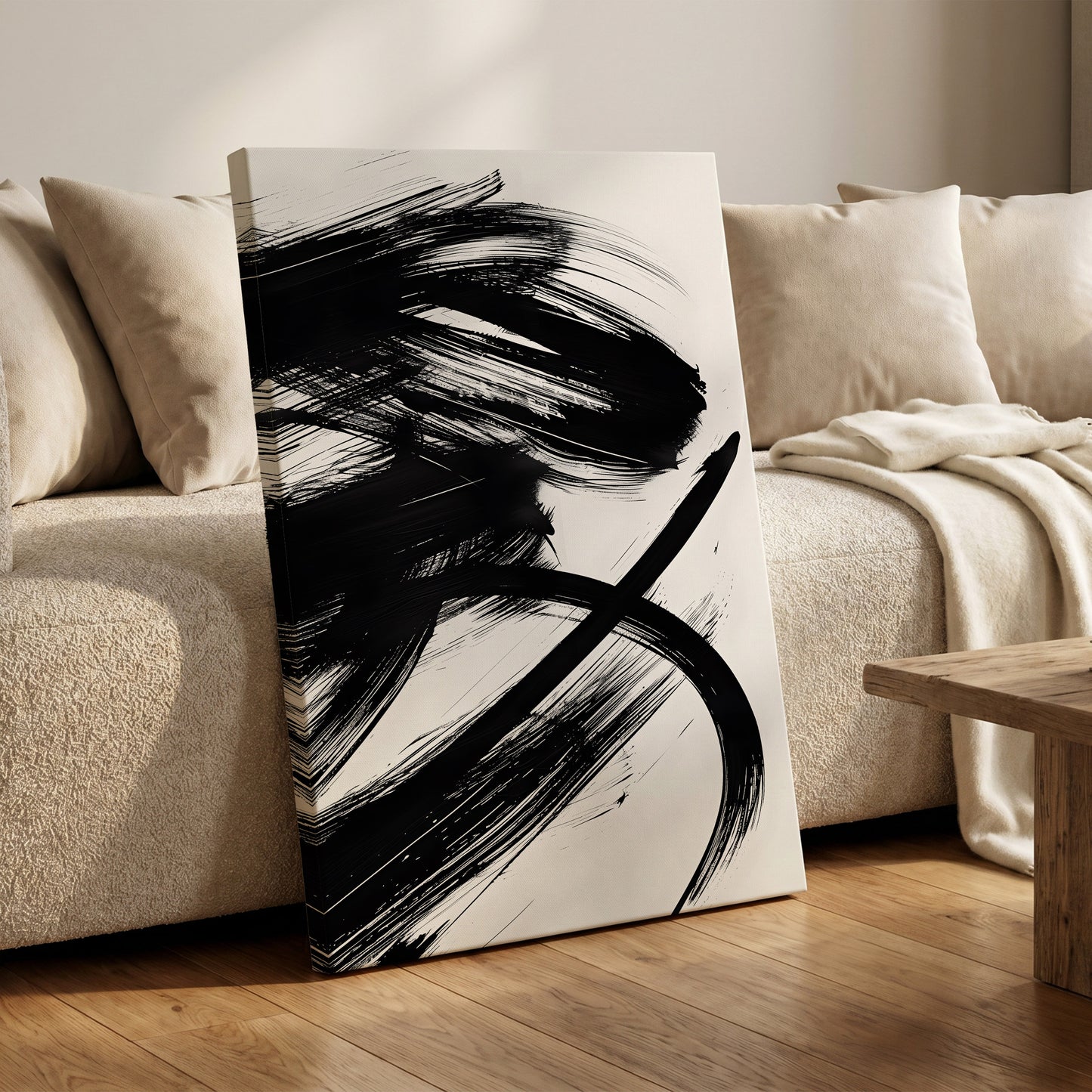 Monochrome Momentum, black, white abstract wall art on canvas displayed in a styled interior, gallery view 1